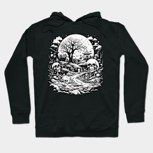 White Night of Magical Hut in Psychedelic Forest With Skulls, Macabre Hoodie